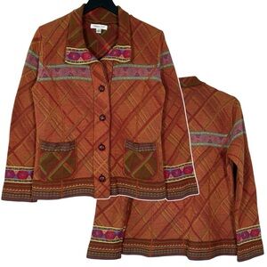 Coldwater Creek Size M Cotton Wool Intarsia Knit Plaid Floral Sweater Jacket